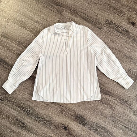 Vince Women's White Burgundy Blue Pin Stripe Popover Blouse - Picture 1 of 9